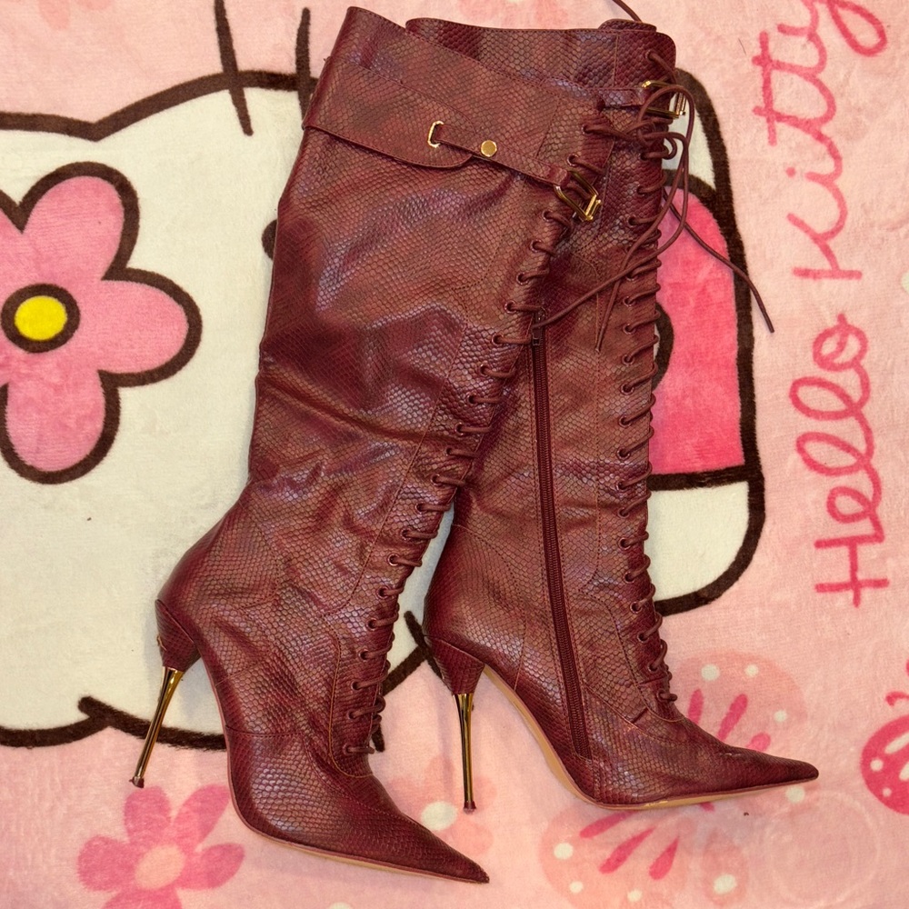 Burgundy Lace-Up Stiletto Boots